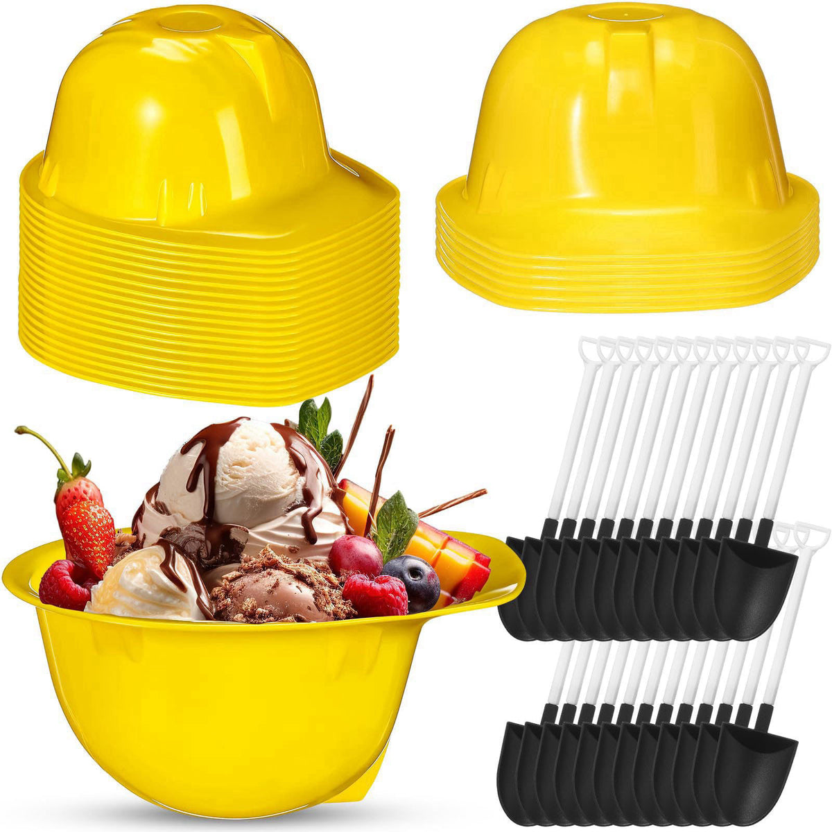 Uiifan 24 Sets Construction Hat Bowls with Shovel Spoons, 8 Oz Cups,Yellow – product photo (Dessert Bowls)