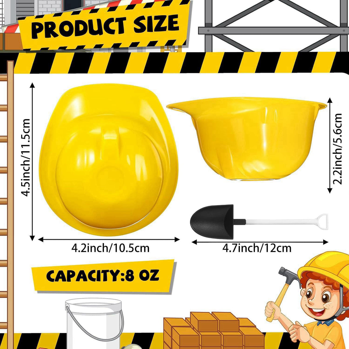 Uiifan 24 Sets Construction Hat Bowls with Shovel Spoons, 8 Oz Cups,Yellow – packaging and label