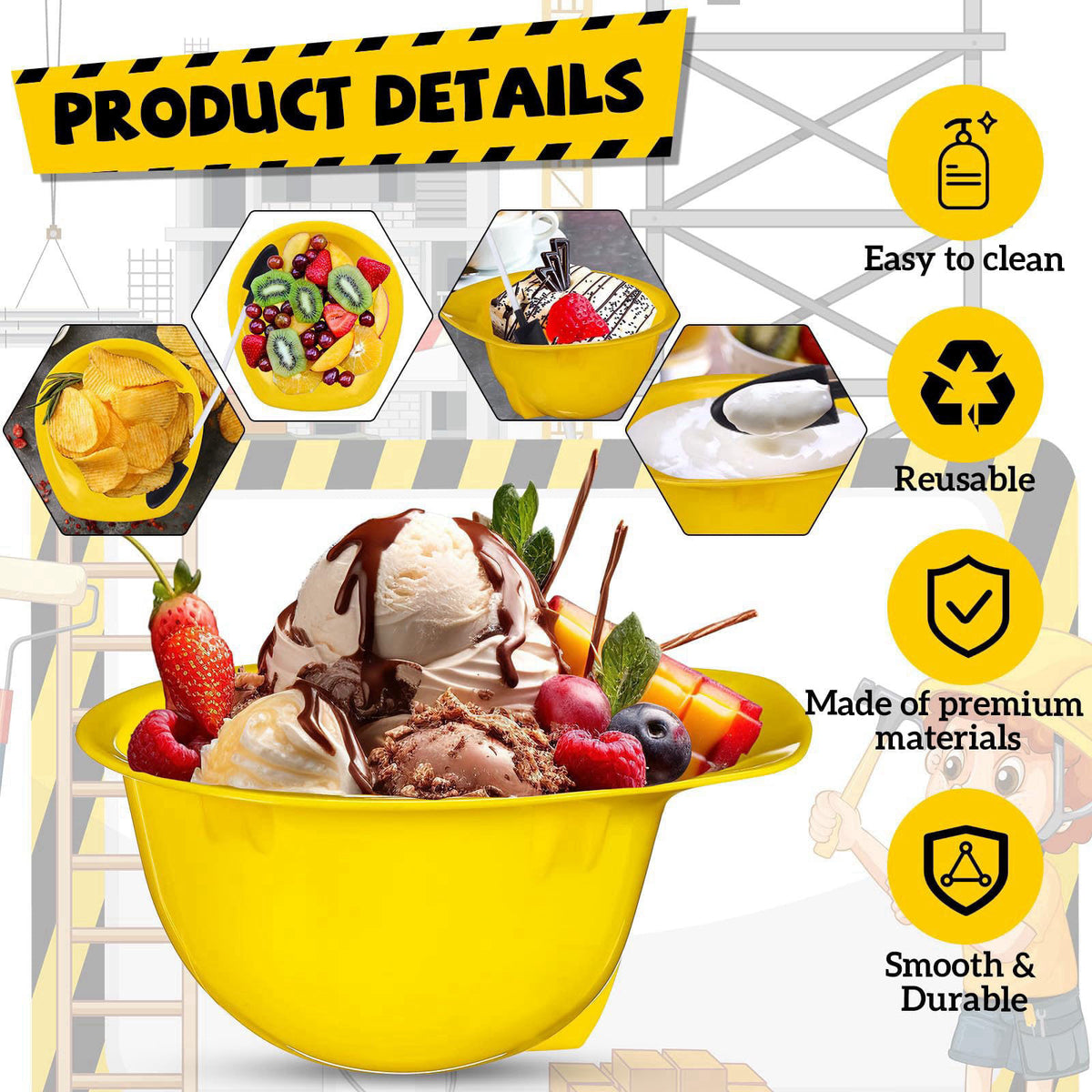 Uiifan 24 Sets Construction Hat Bowls with Shovel Spoons, 8 Oz Cups,Yellow – full view