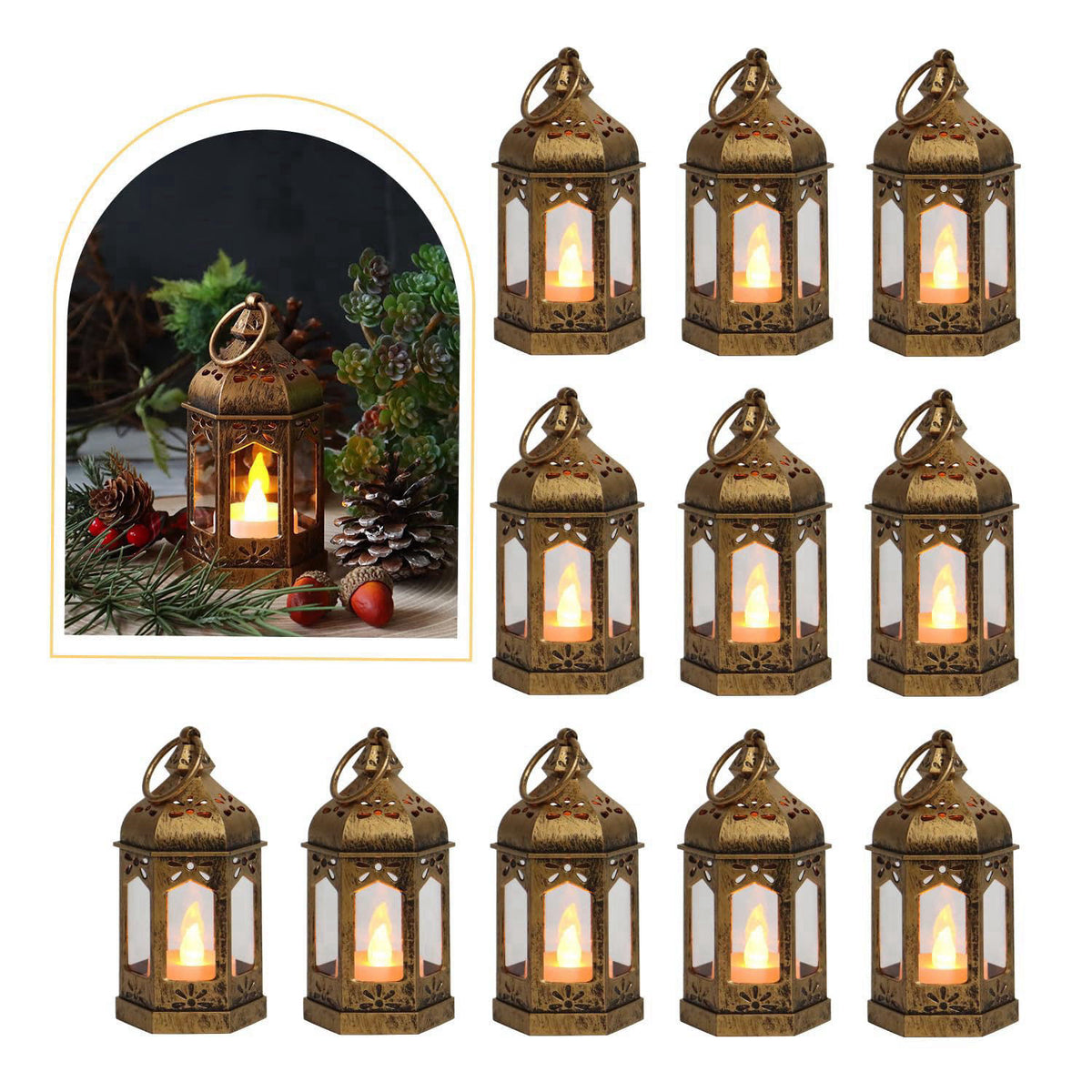 LLQ 8Pcs Mini Lantern with LED Tealight, Vintage Brown Lanterns Decorative, Hanging Candle Lanterns for Halloween Christ