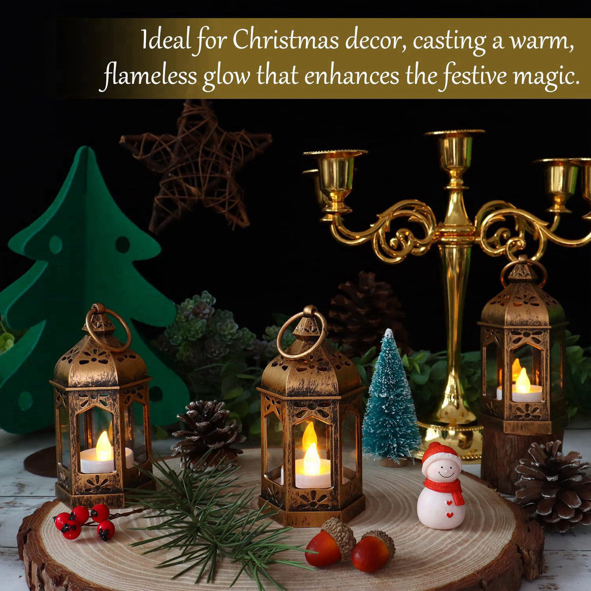 LLQ 8Pcs Mini Lantern with LED Tealight, Vintage Brown Lanterns Decorative, Hanging Candle Lanterns for Halloween Christ