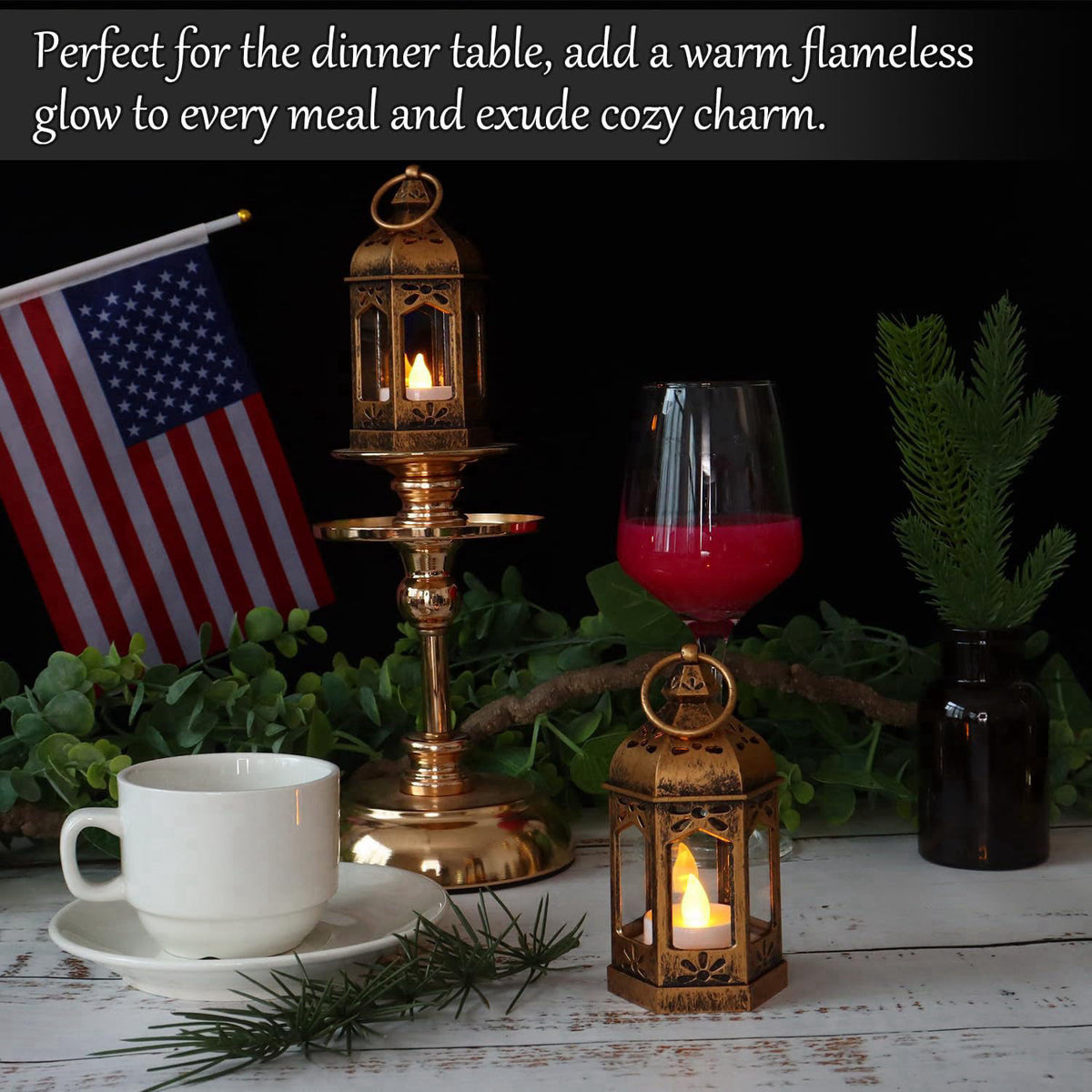 LLQ 8Pcs Mini Lantern with LED Tealight, Vintage Brown Lanterns Decorative, Hanging Candle Lanterns for Halloween Christ