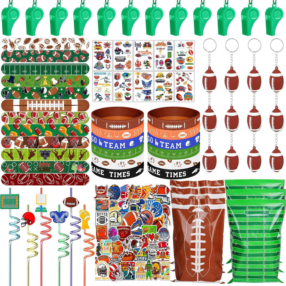 Bluegogo 134 Pcs Football Party Favors Set 12 Silicone Bracelet 12 Whistles 12 Keychains 12 Slap Bracelet 12 Tattoo Stic