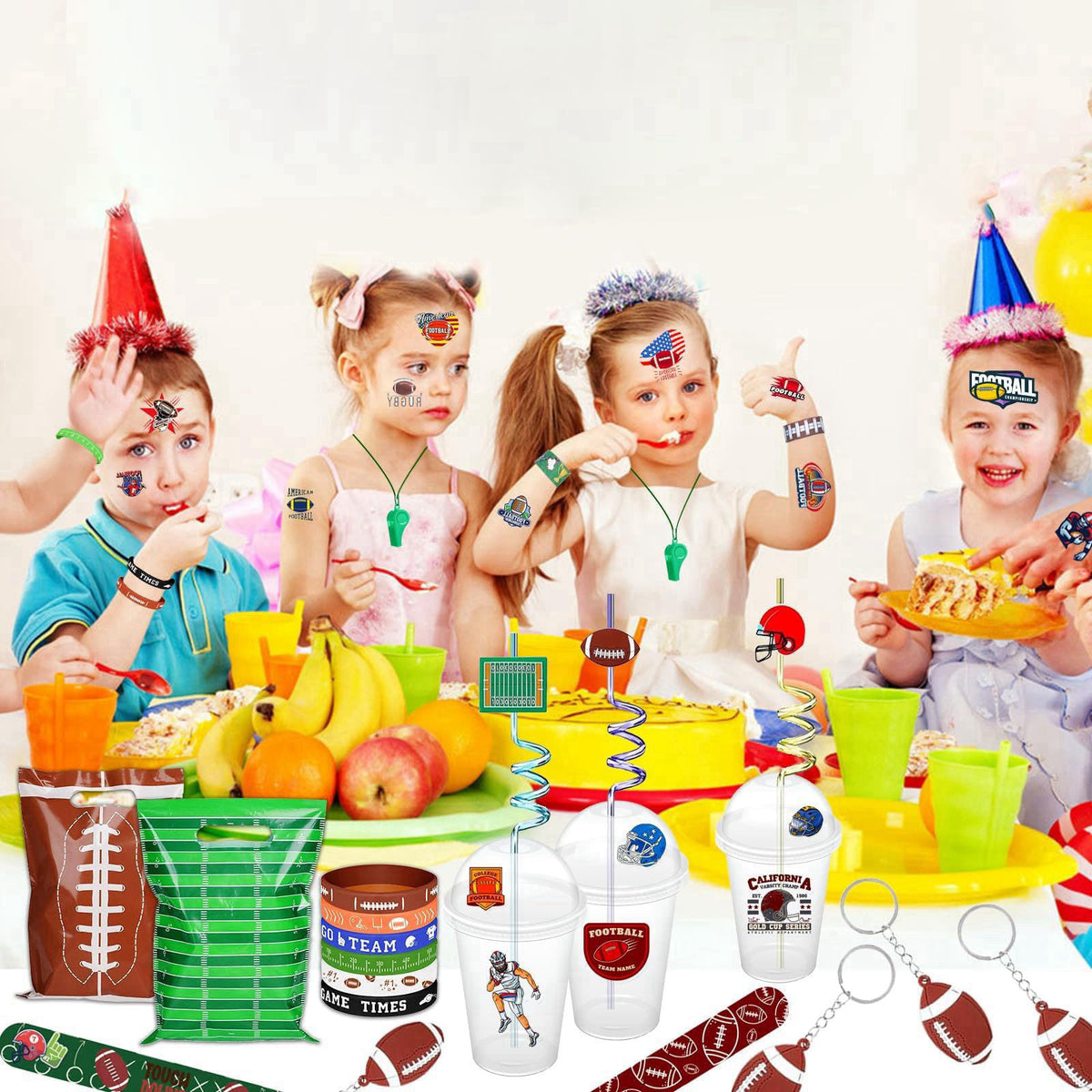 Bluegogo 134 Pcs Football Party Favors Set 12 Silicone Bracelet 12 Whistles 12 Keychains 12 Slap Bracelet 12 Tattoo Stic