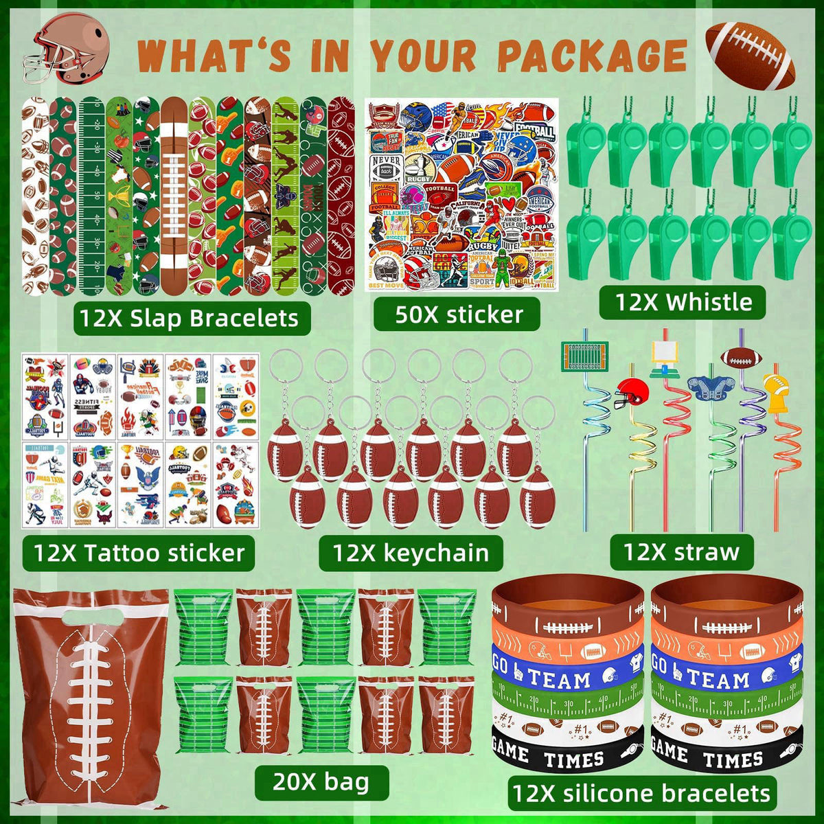 Bluegogo 134 Pcs Football Party Favors Set 12 Silicone Bracelet 12 Whistles 12 Keychains 12 Slap Bracelet 12 Tattoo Stic