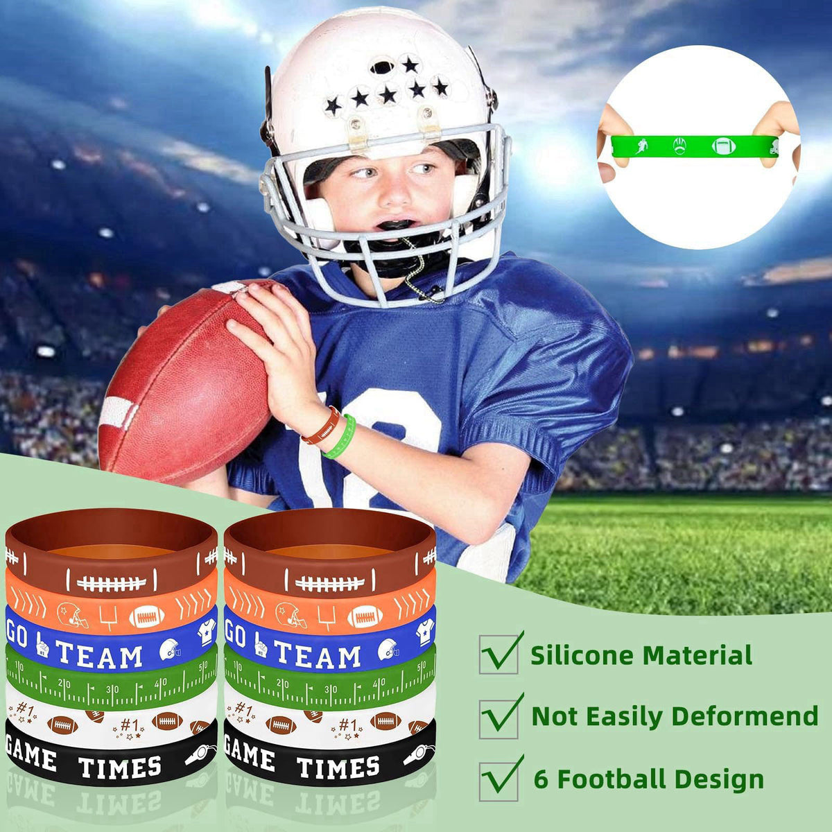 Bluegogo 134 Pcs Football Party Favors Set 12 Silicone Bracelet 12 Whistles 12 Keychains 12 Slap Bracelet 12 Tattoo Stic