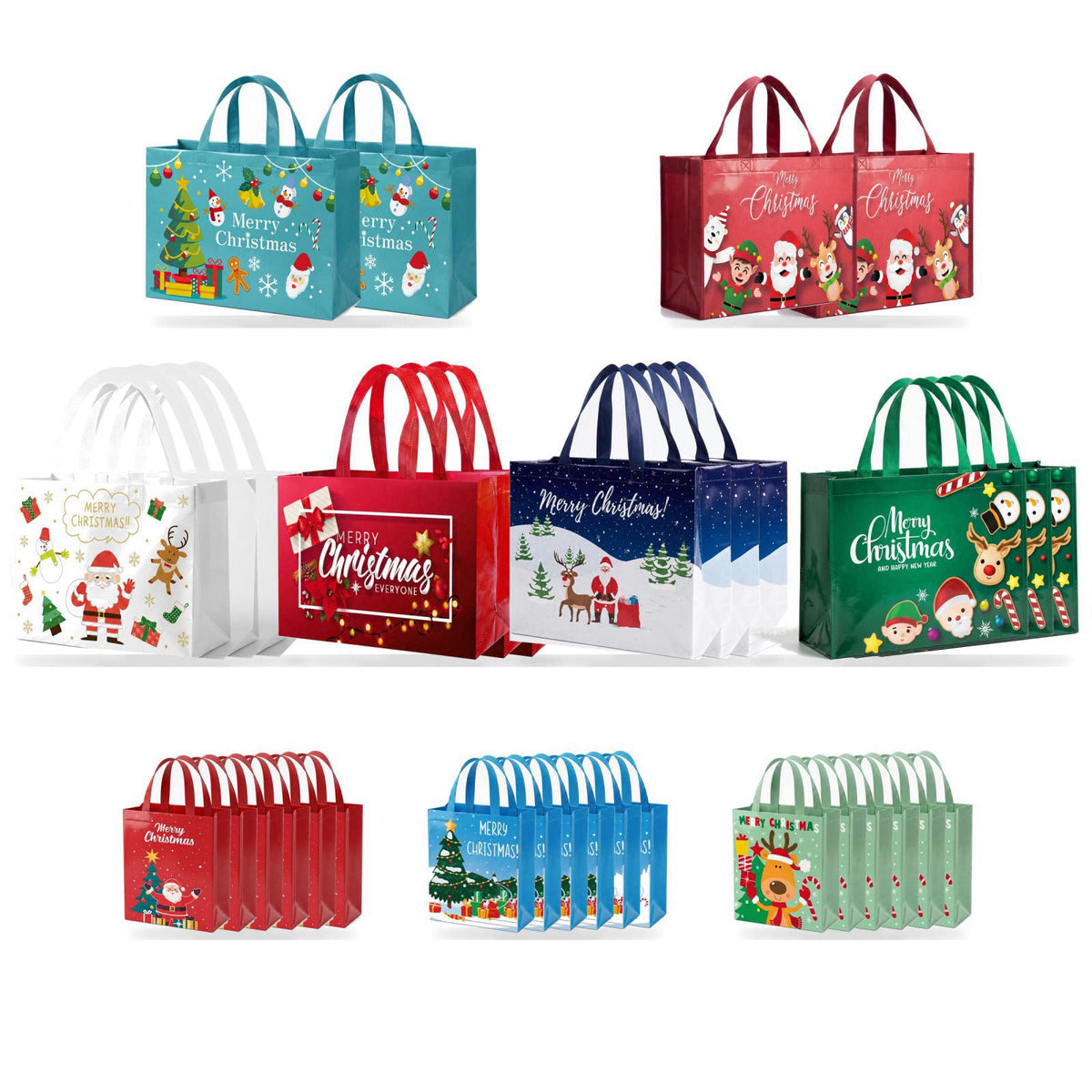 IPQXE 34 Pack Christmas Gift Bags Assorted Sizes- Reusable Tote Bags Non-Woven, Xmas Shopping Bags with Handles, for Chr