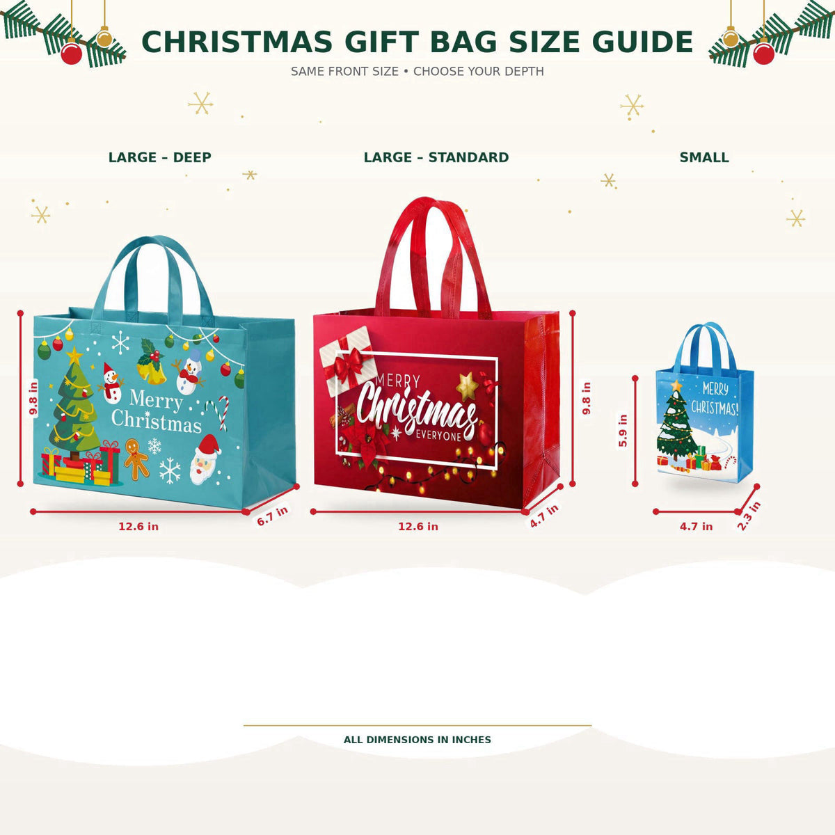 IPQXE 34 Pack Christmas Gift Bags Assorted Sizes- Reusable Tote Bags Non-Woven, Xmas Shopping Bags with Handles, for Chr