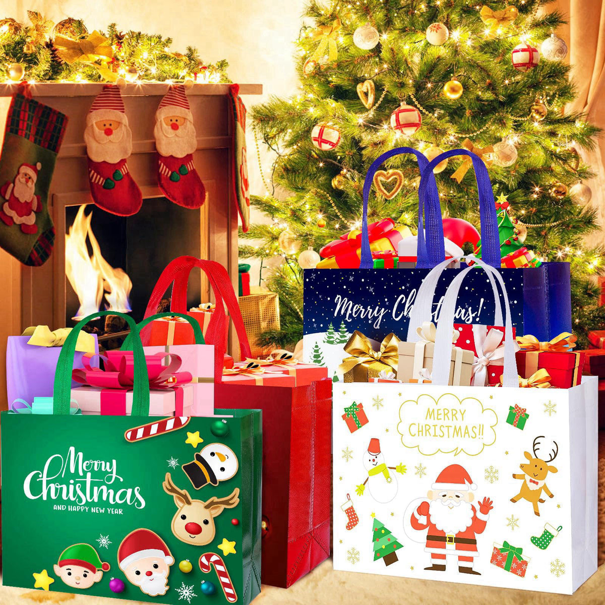 IPQXE 34 Pack Christmas Gift Bags Assorted Sizes- Reusable Tote Bags Non-Woven, Xmas Shopping Bags with Handles, for Chr