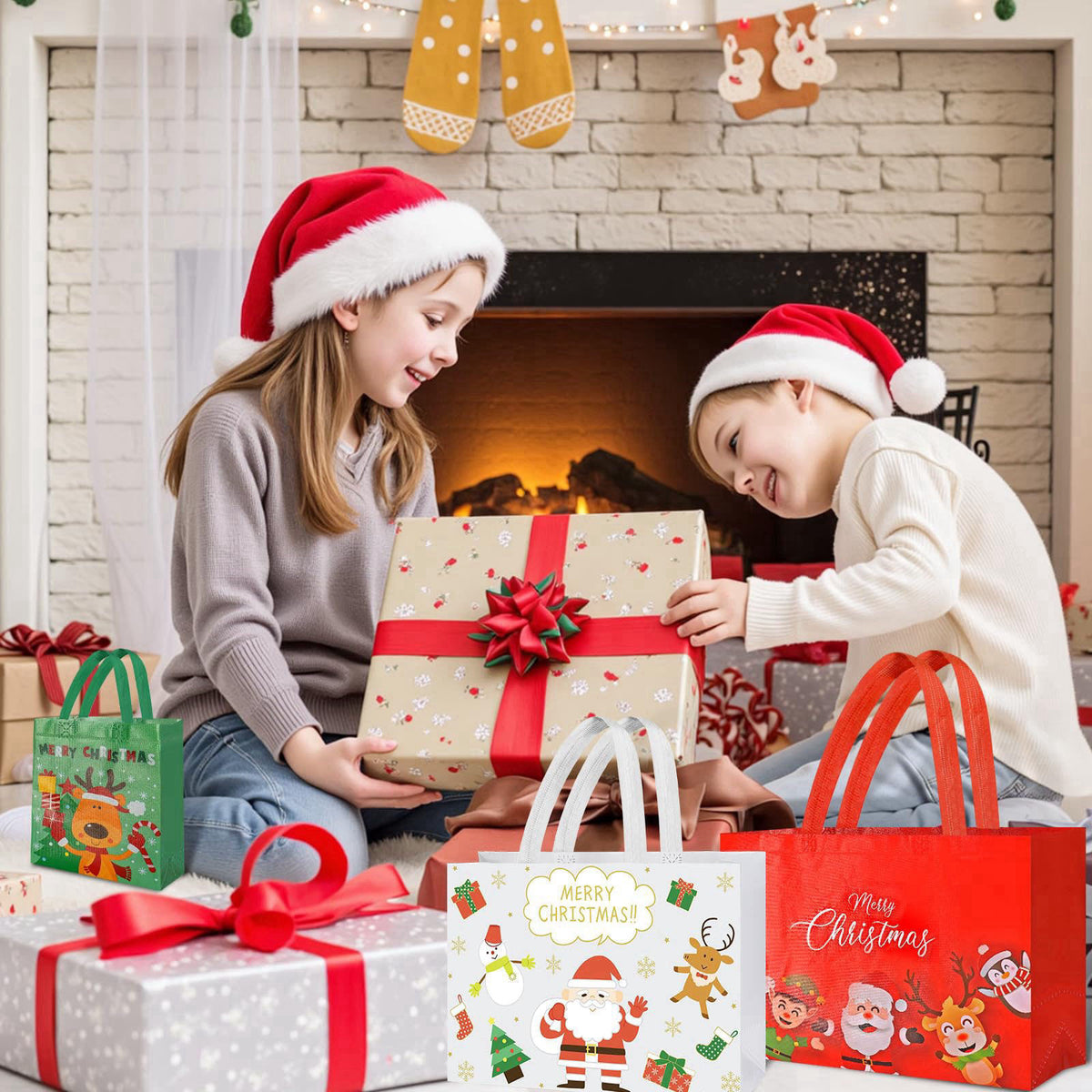 IPQXE 34 Pack Christmas Gift Bags Assorted Sizes- Reusable Tote Bags Non-Woven, Xmas Shopping Bags with Handles, for Chr