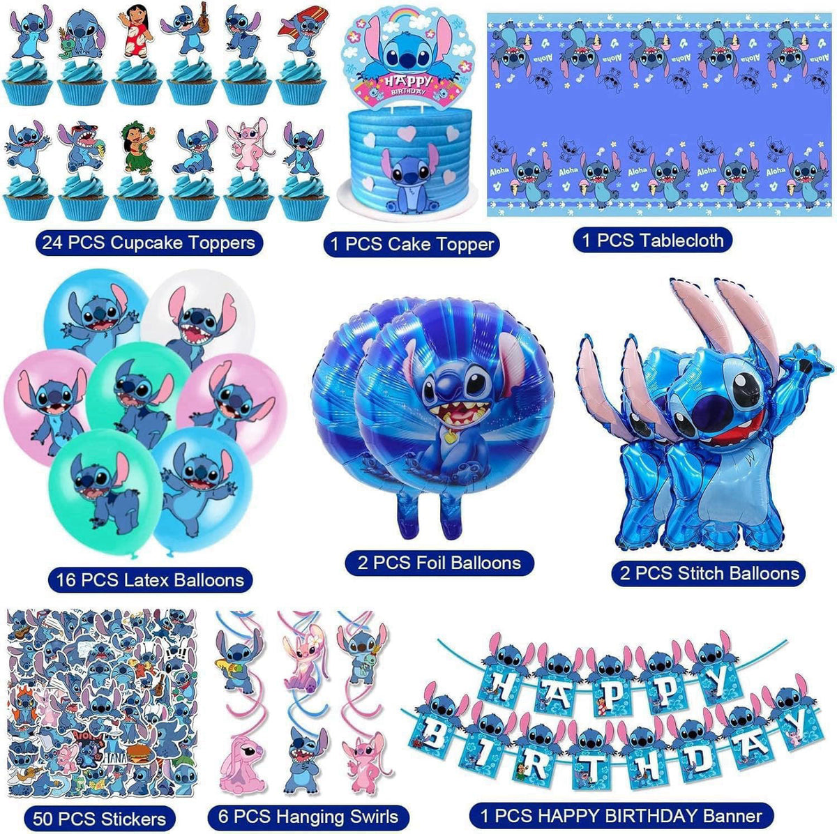 Lilo and Stitch 103PCS Stitch Party Supplies, Birthday Decorations Set Include Banner, Balloons, Stickers, Hanging Swirl