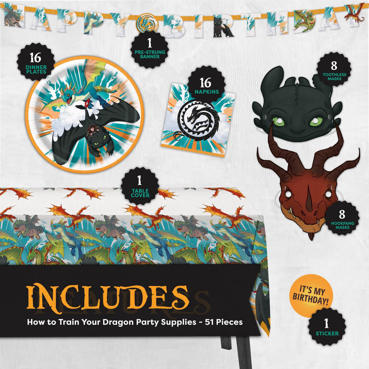 Unique How to Train Your Dragon Party Supplies with Banner, Mask Party Favors – close-up detail in Multicolor