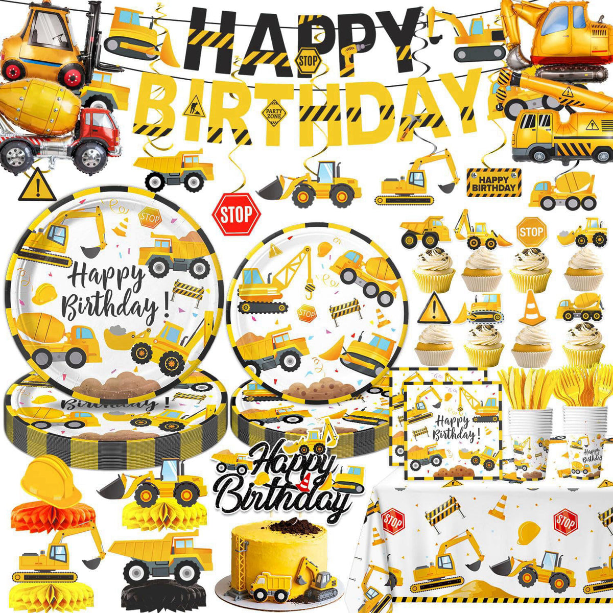 Oigco Construction Birthday Party Supplies - Plates, Napkins, Cups, Cutlery, Banner, Hanging Swirls, Honeycomb Centerpie
