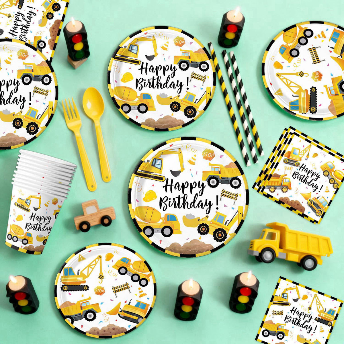 Oigco Construction Birthday Party Supplies - Plates, Napkins, Cups, Cutlery, Banner, Hanging Swirls, Honeycomb Centerpie