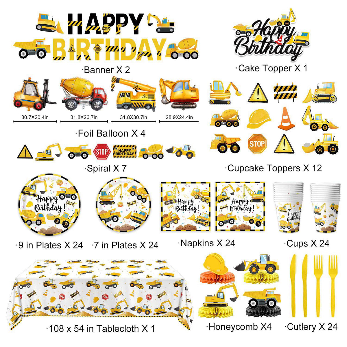 Oigco Construction Birthday Party Supplies - Plates, Napkins, Cups, Cutlery, Banner, Hanging Swirls, Honeycomb Centerpie