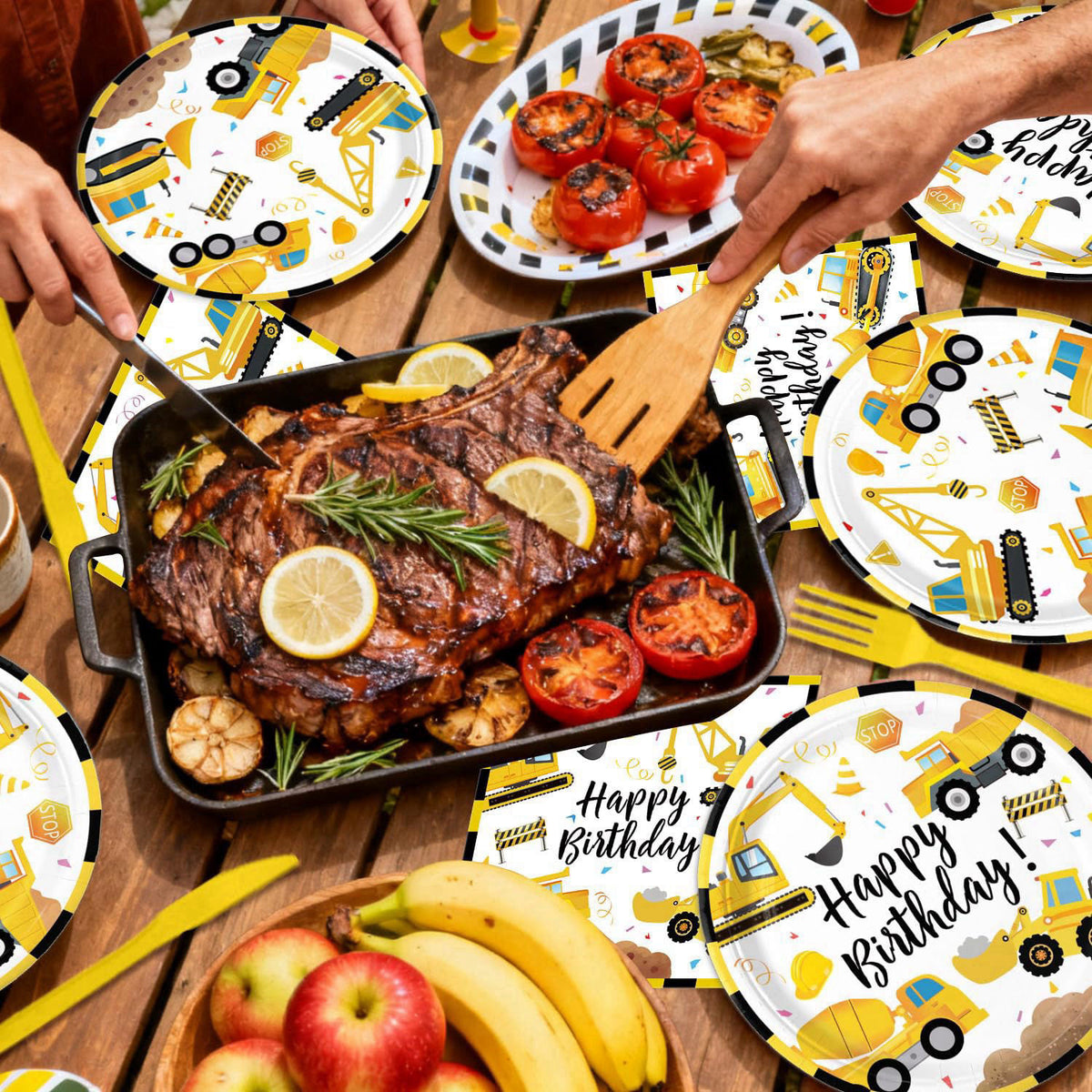 Oigco Construction Birthday Party Supplies - Plates, Napkins, Cups, Cutlery, Banner, Hanging Swirls, Honeycomb Centerpie