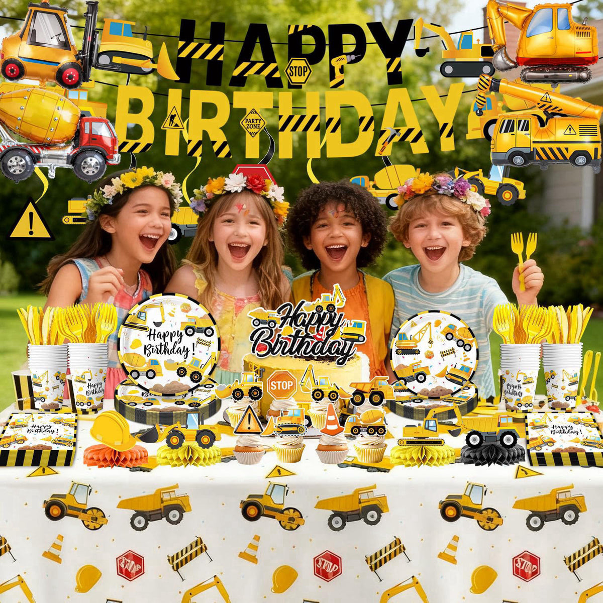 Oigco Construction Birthday Party Supplies - Plates, Napkins, Cups, Cutlery, Banner, Hanging Swirls, Honeycomb Centerpie