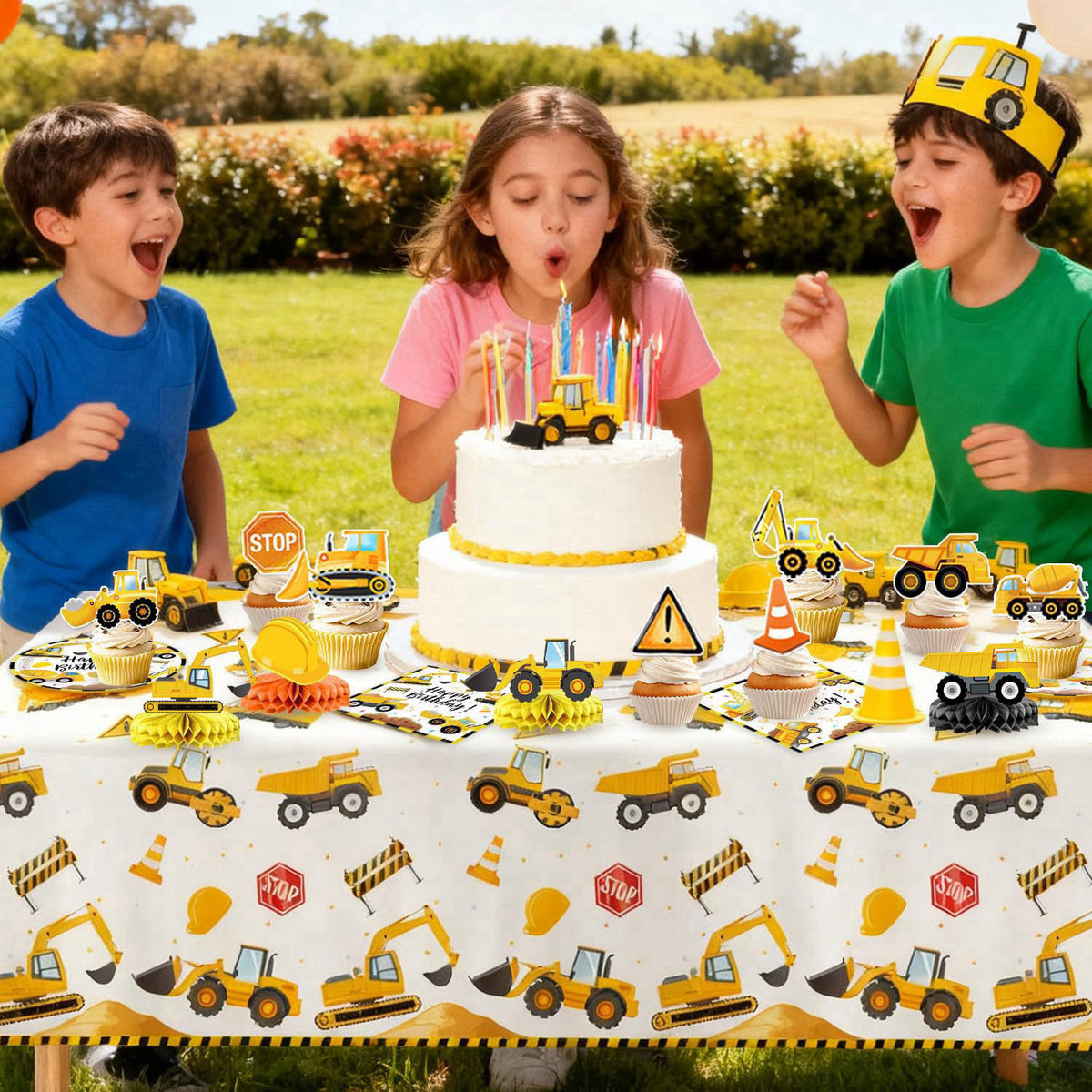 Oigco Construction Birthday Party Supplies - Plates, Napkins, Cups, Cutlery, Banner, Hanging Swirls, Honeycomb Centerpie