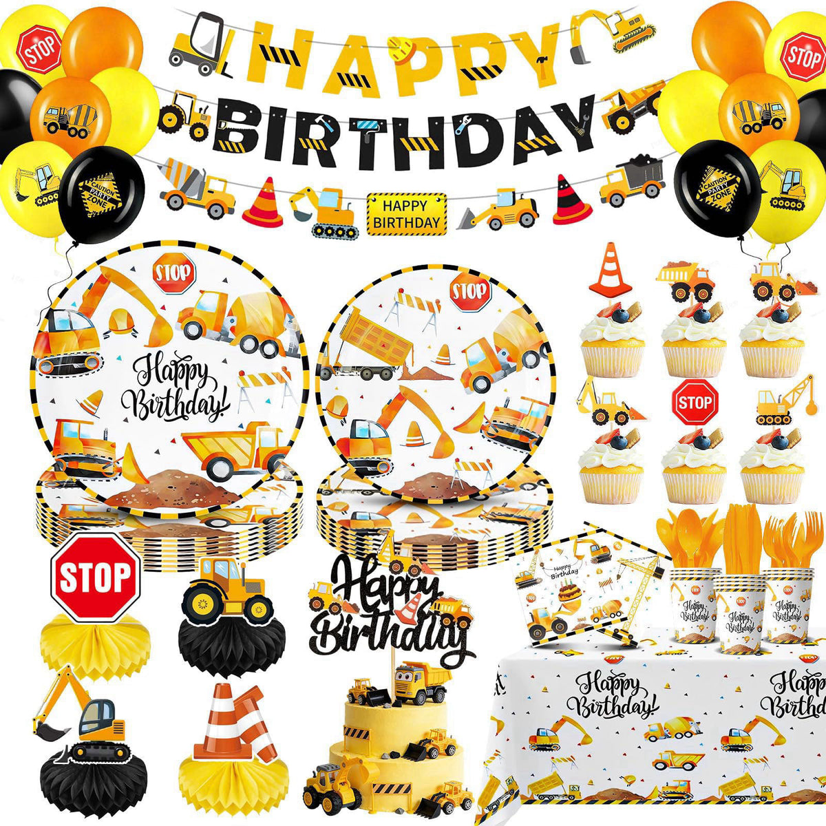Slinephy Construction Birthday Party Supplies, Construction Party Decorations Including Banner, Plates, Cups, Napkins, C