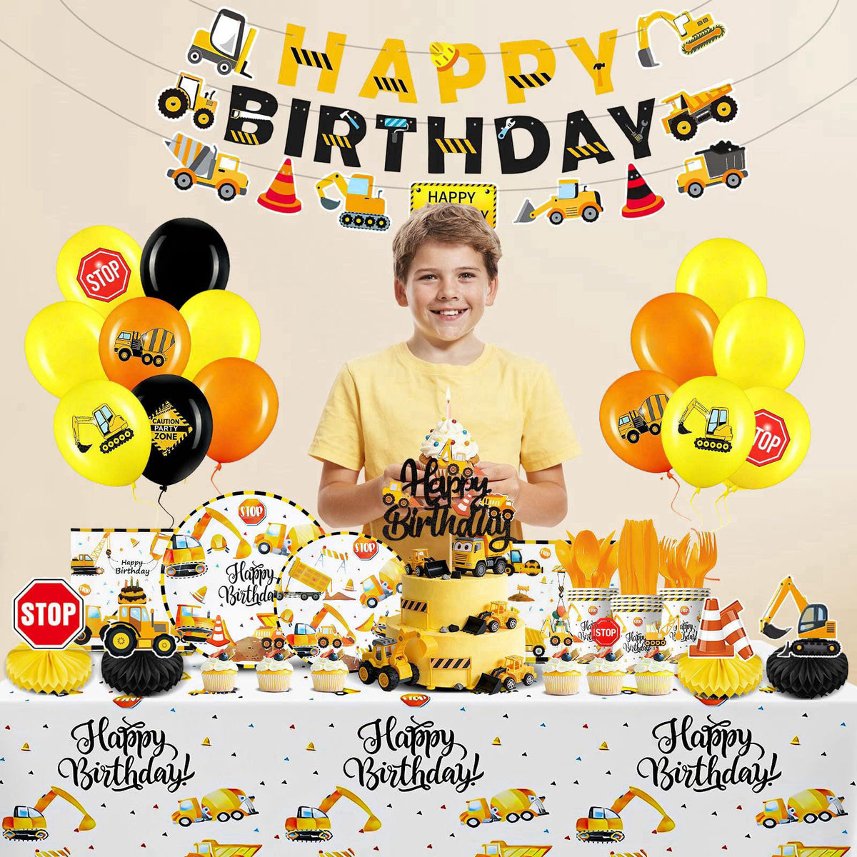 Slinephy Construction Birthday Party Supplies, Construction Party Decorations Including Banner, Plates, Cups, Napkins, C