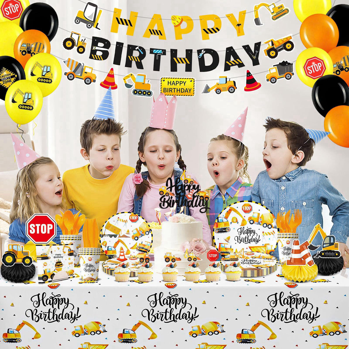 Slinephy Construction Birthday Party Supplies, Construction Party Decorations Including Banner, Plates, Cups, Napkins, C