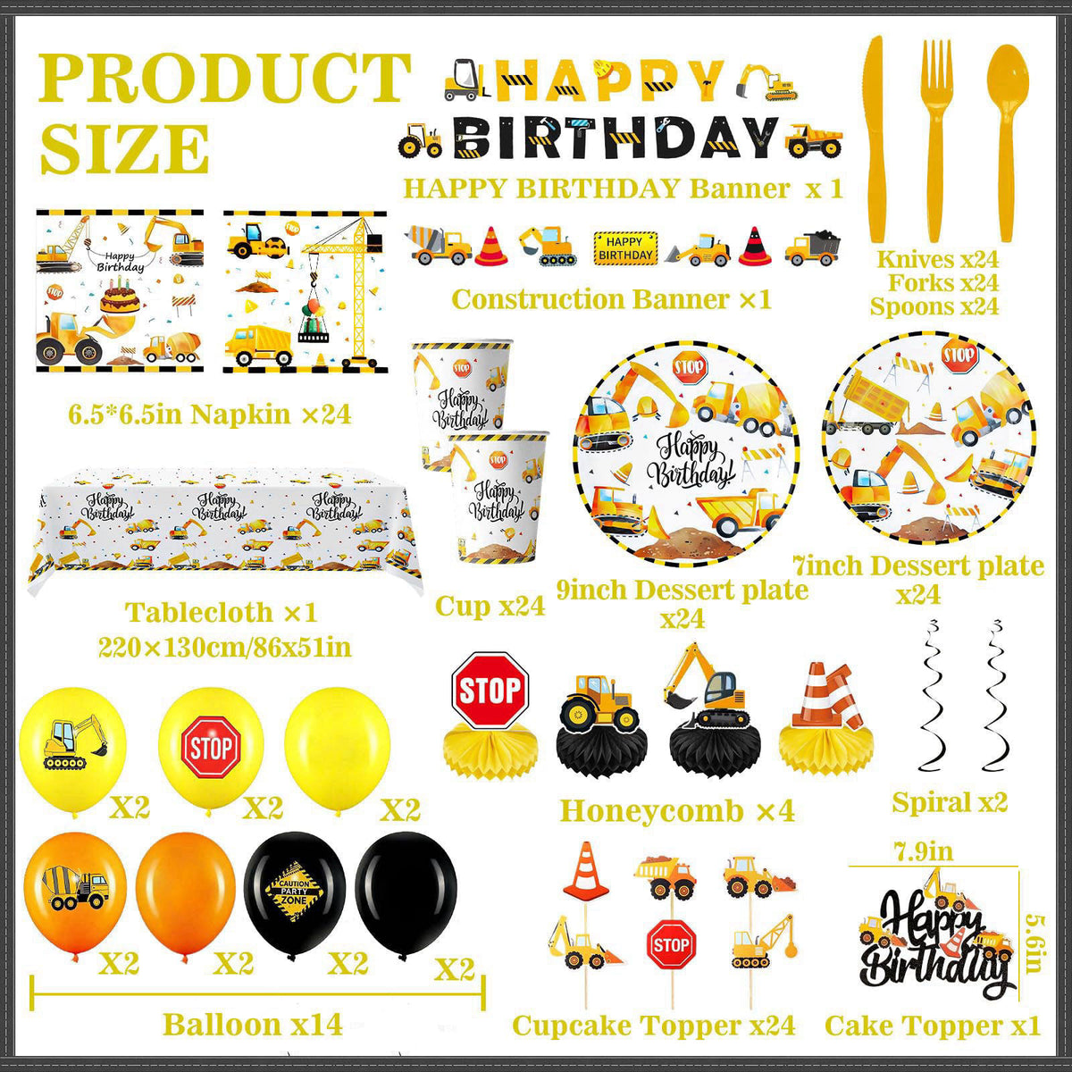 Slinephy Construction Birthday Party Supplies, Construction Party Decorations Including Banner, Plates, Cups, Napkins, C