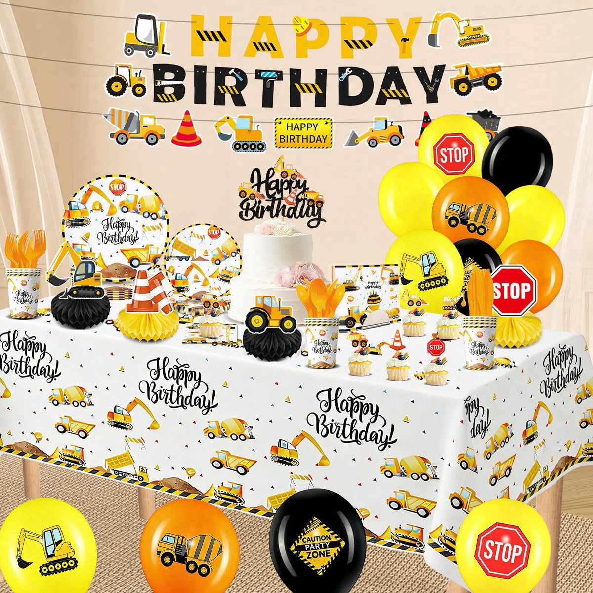 Slinephy Construction Birthday Party Supplies, Construction Party Decorations Including Banner, Plates, Cups, Napkins, C