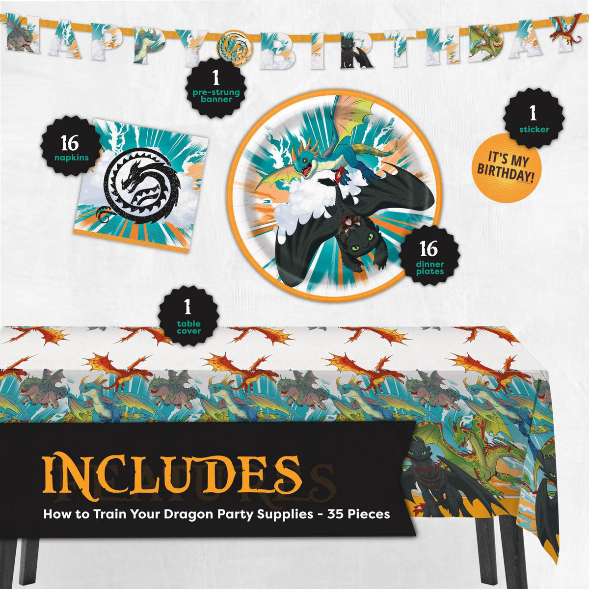 Unique How to Train Your Dragon Party Supplies - Banner Tablecloth Plates Napkins – close-up detail in Multicolor