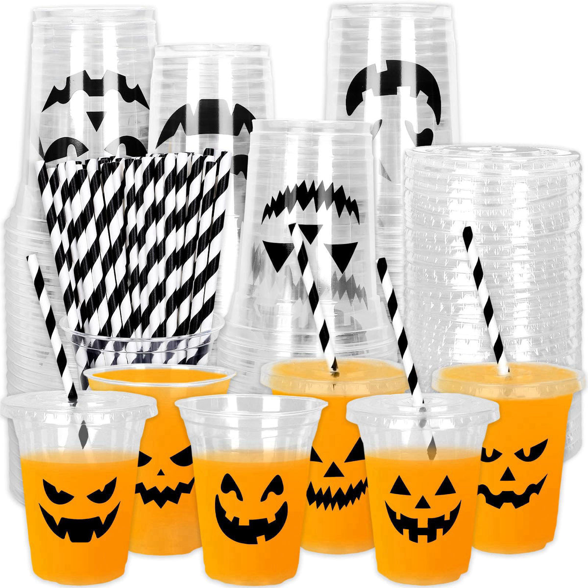 Whaline 60Pcs Halloween Plastic Cups with Lids Straws, 12oz, 6 Designs – product photo (Cups)