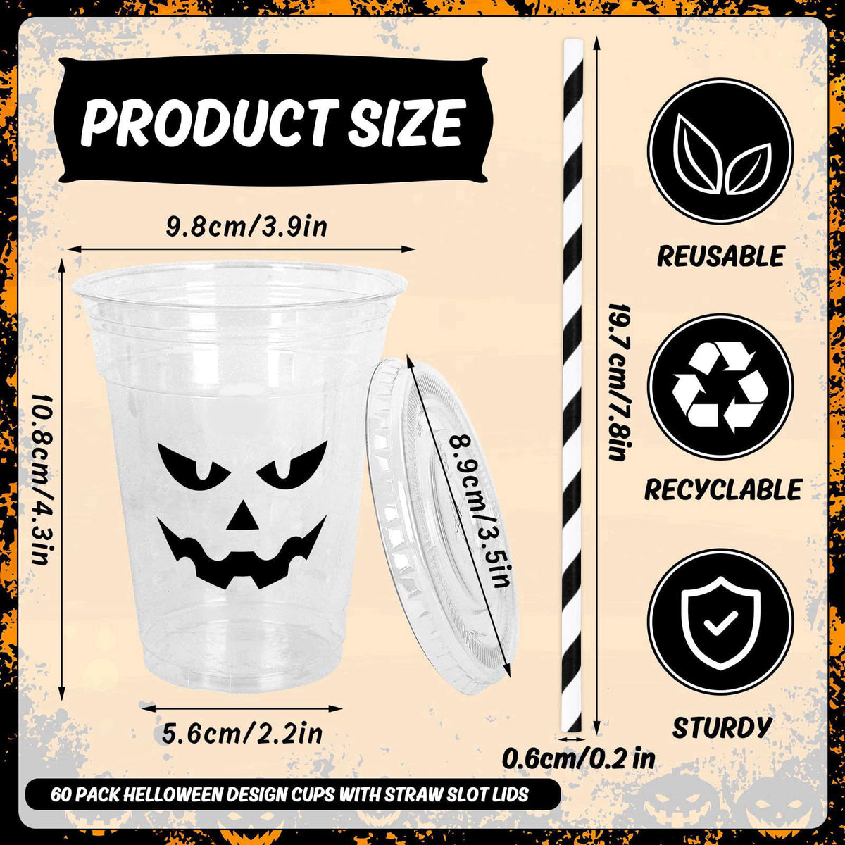 Whaline 60Pcs Halloween Plastic Cups with Lids Straws, 12oz, 6 Designs – packaging and label