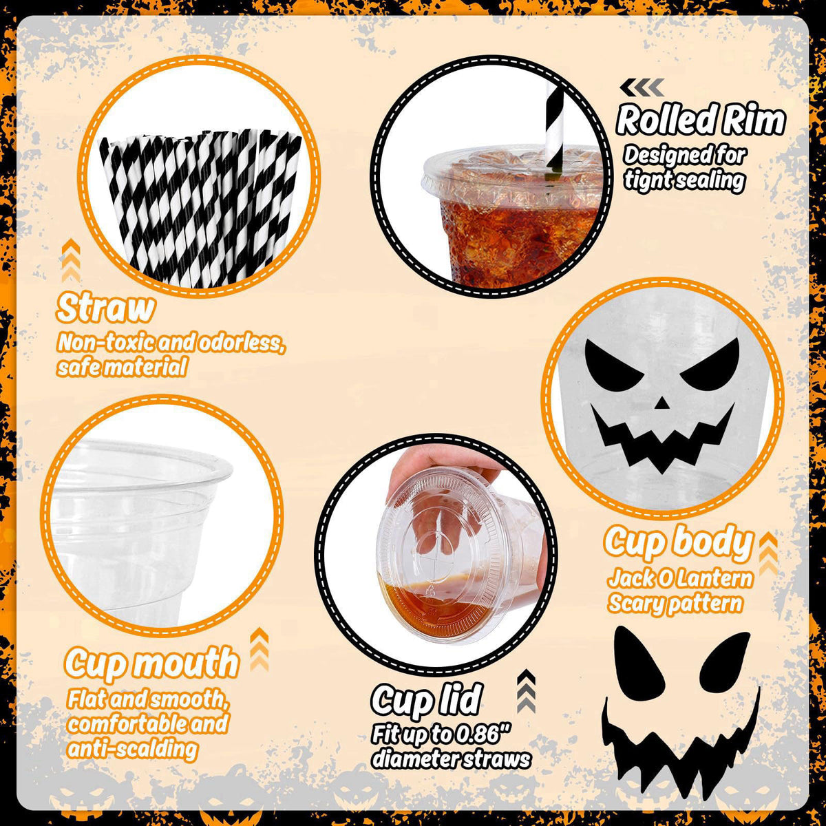 Whaline 60Pcs Halloween Plastic Cups with Lids Straws, 12oz, 6 Designs – full view