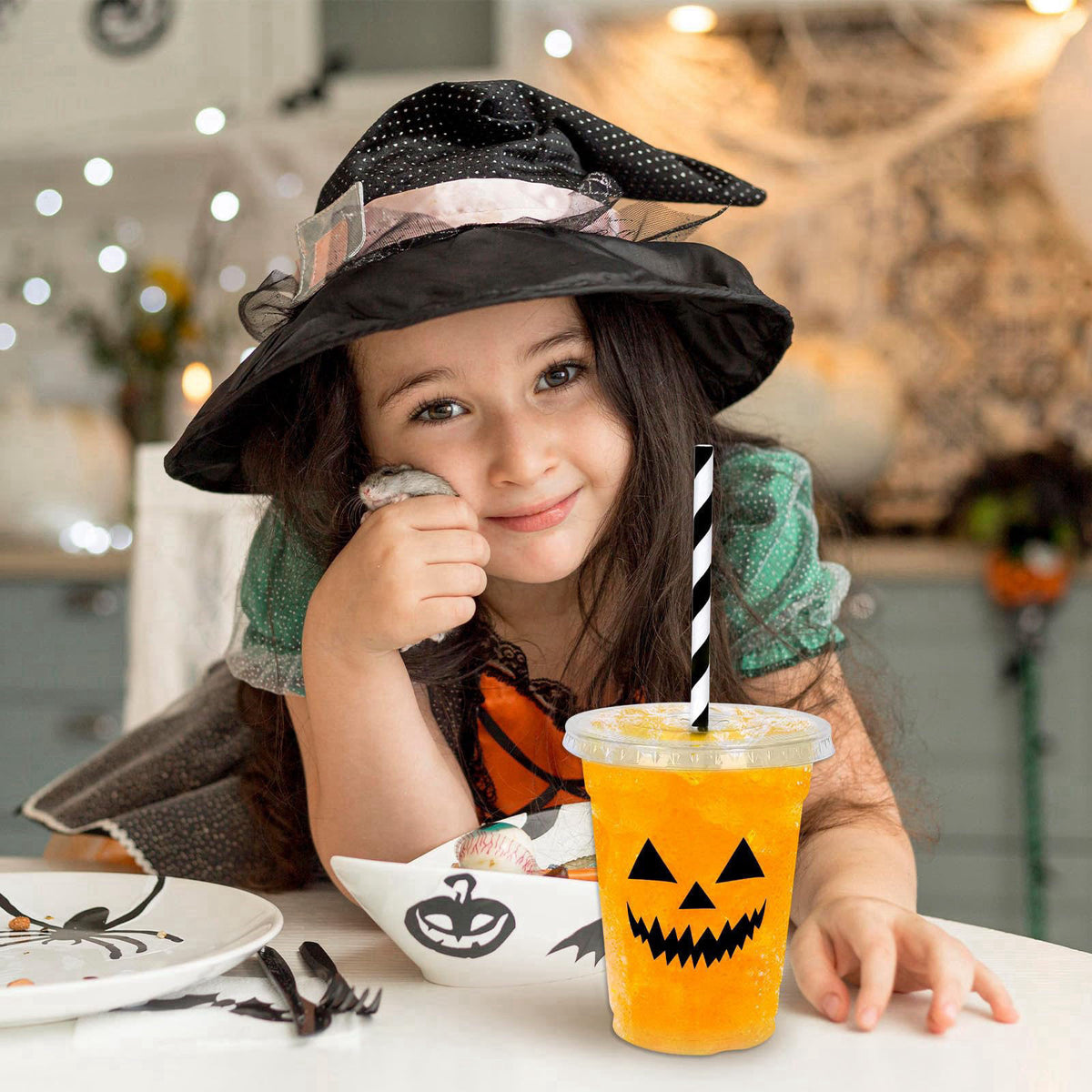 Whaline 60Pcs Halloween Plastic Cups with Lids Straws, 12oz, 6 Designs – back view and specifications