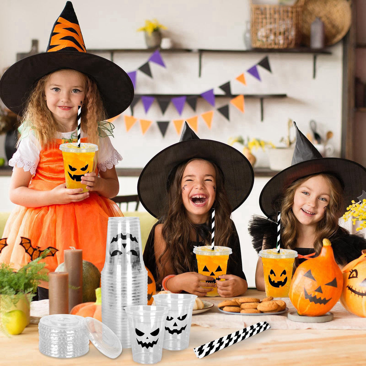 Whaline 60Pcs Halloween Plastic Cups with Lids Straws, 12oz, 6 Designs – alternate angle