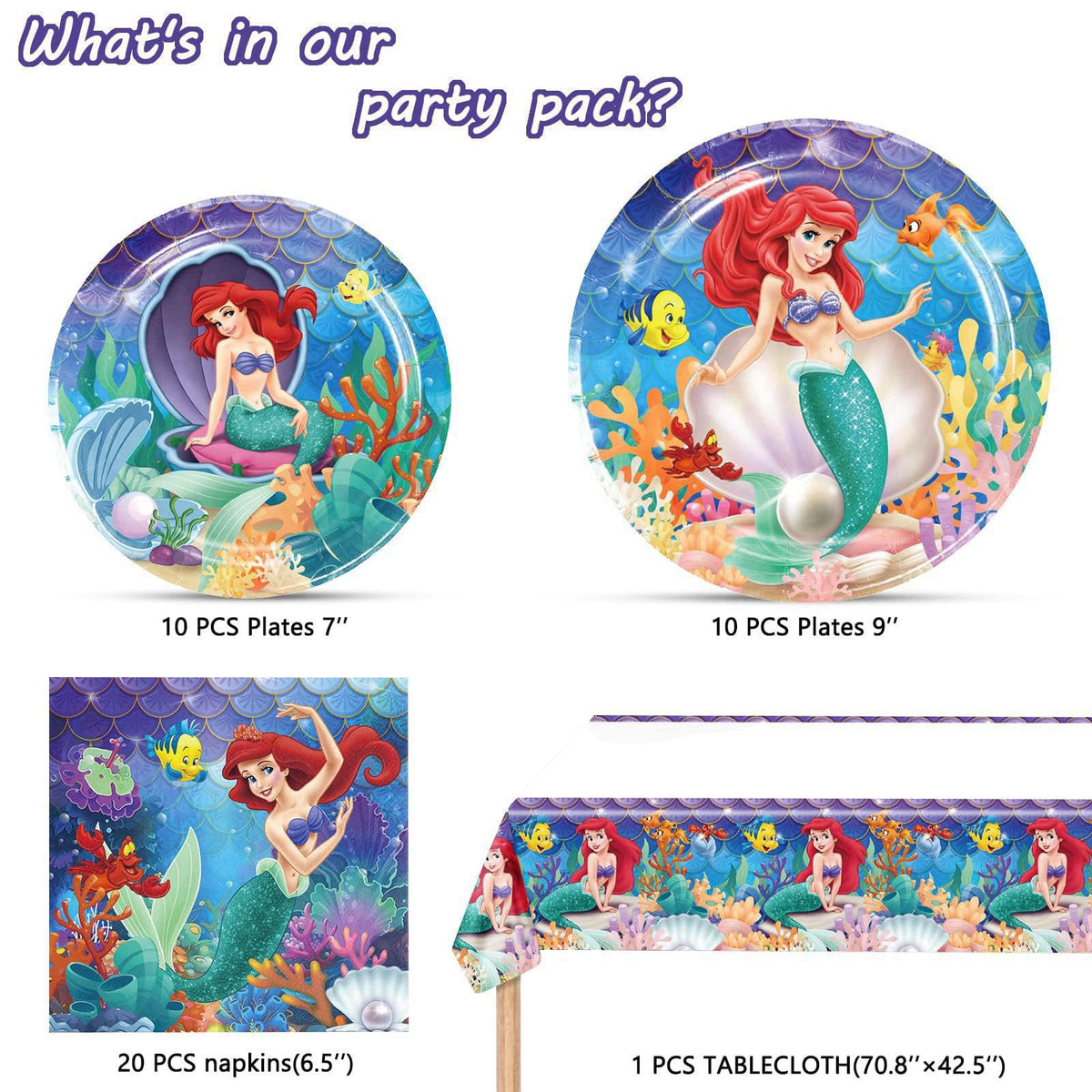 Cosershow Ariel Birthday Party Supplies, 20 Plates, 20 Napkins and 1 Tablecover for Girls Little Mermaid Party Decoratio