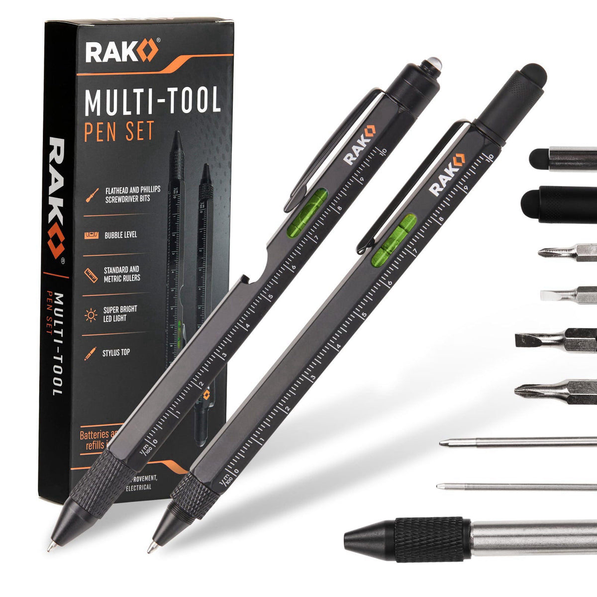 RAK Multitool Pen - Multi-Tool Pen Set 11 in 1, LED Light, Screwdrivers, Level, Ruler, Bottle Opener, and Stylus. Cool G