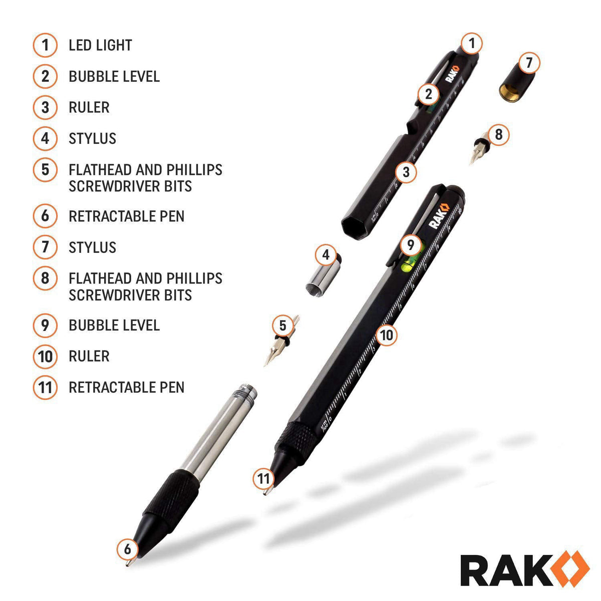 RAK Multitool Pen - Multi-Tool Pen Set 11 in 1, LED Light, Screwdrivers, Level, Ruler, Bottle Opener, and Stylus. Cool G
