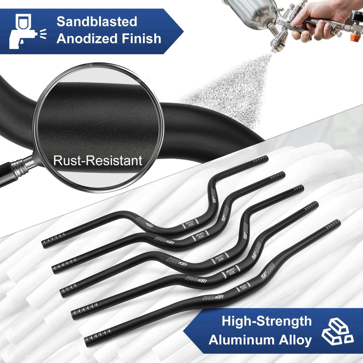 PLATT 31.8mm Mountain Bike Handlebar/Riser Handlebar - (30mm, 35mm, 50mm, 70mm, 90mm, 120mm, 160mm) High-Rise Aluminum A