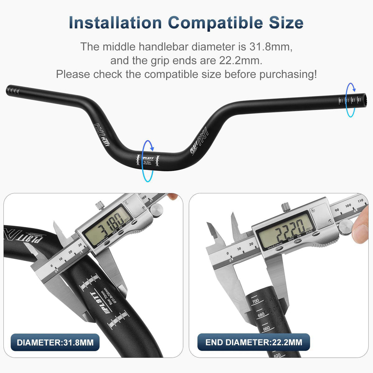 PLATT 31.8mm Mountain Bike Handlebar/Riser Handlebar - (30mm, 35mm, 50mm, 70mm, 90mm, 120mm, 160mm) High-Rise Aluminum A