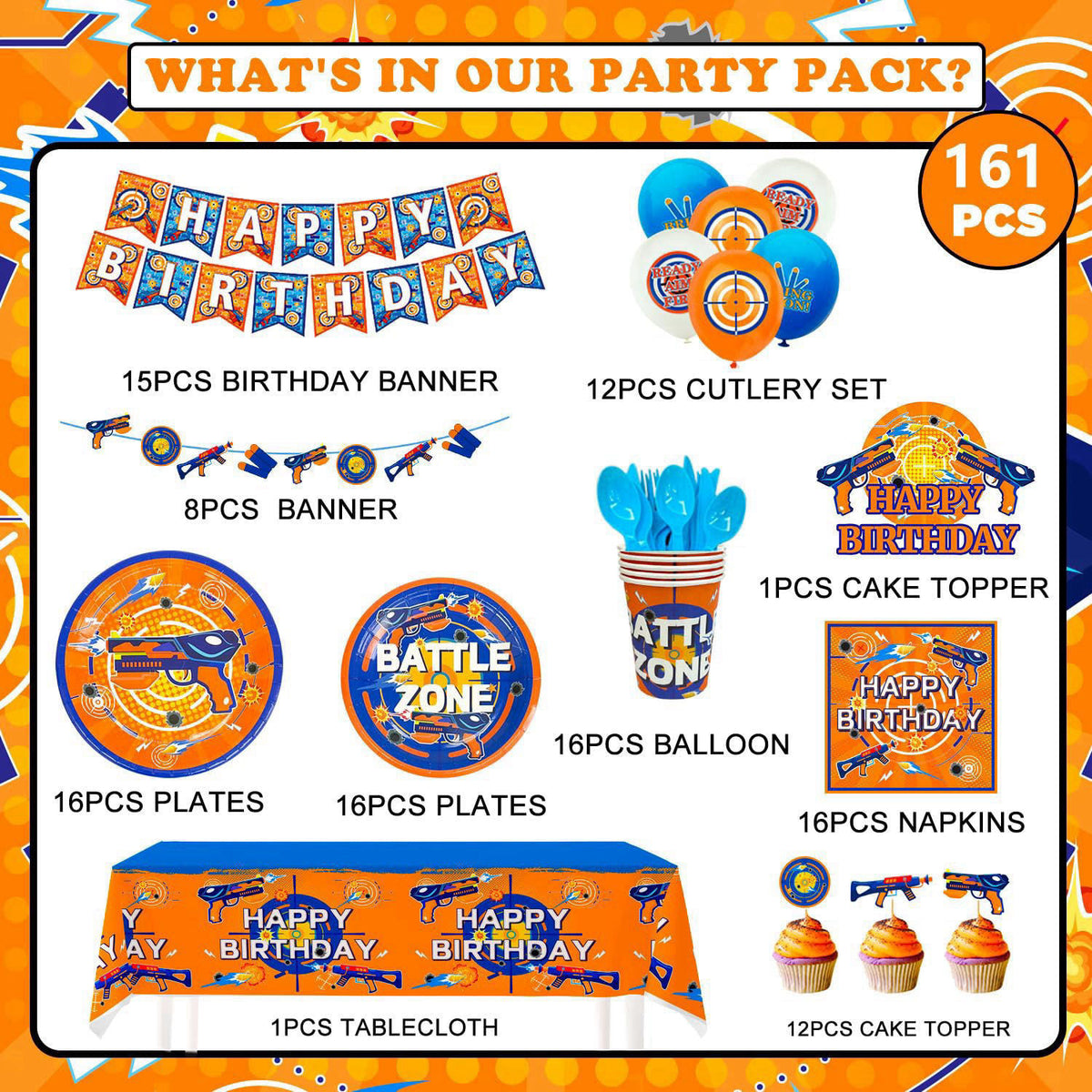 Fruitful Jewelry 161 Pcs Dart War Birthday Decorations Dart War Party Plates Balloons Banner – full view