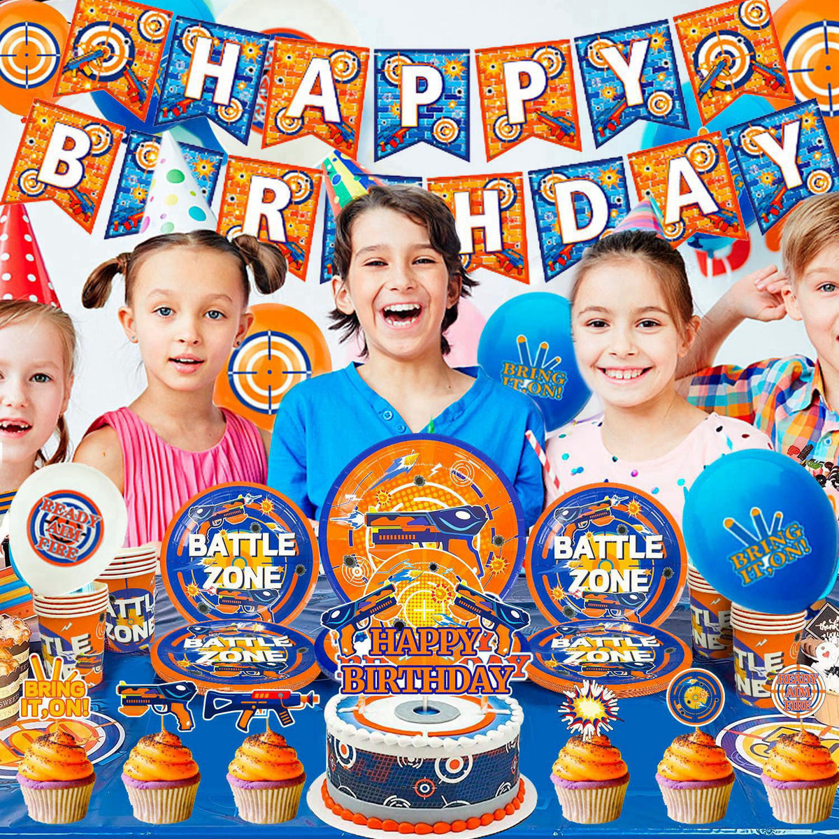 Fruitful Jewelry 161 Pcs Dart War Birthday Decorations Dart War Party Plates Balloons Banner – back view and specificati