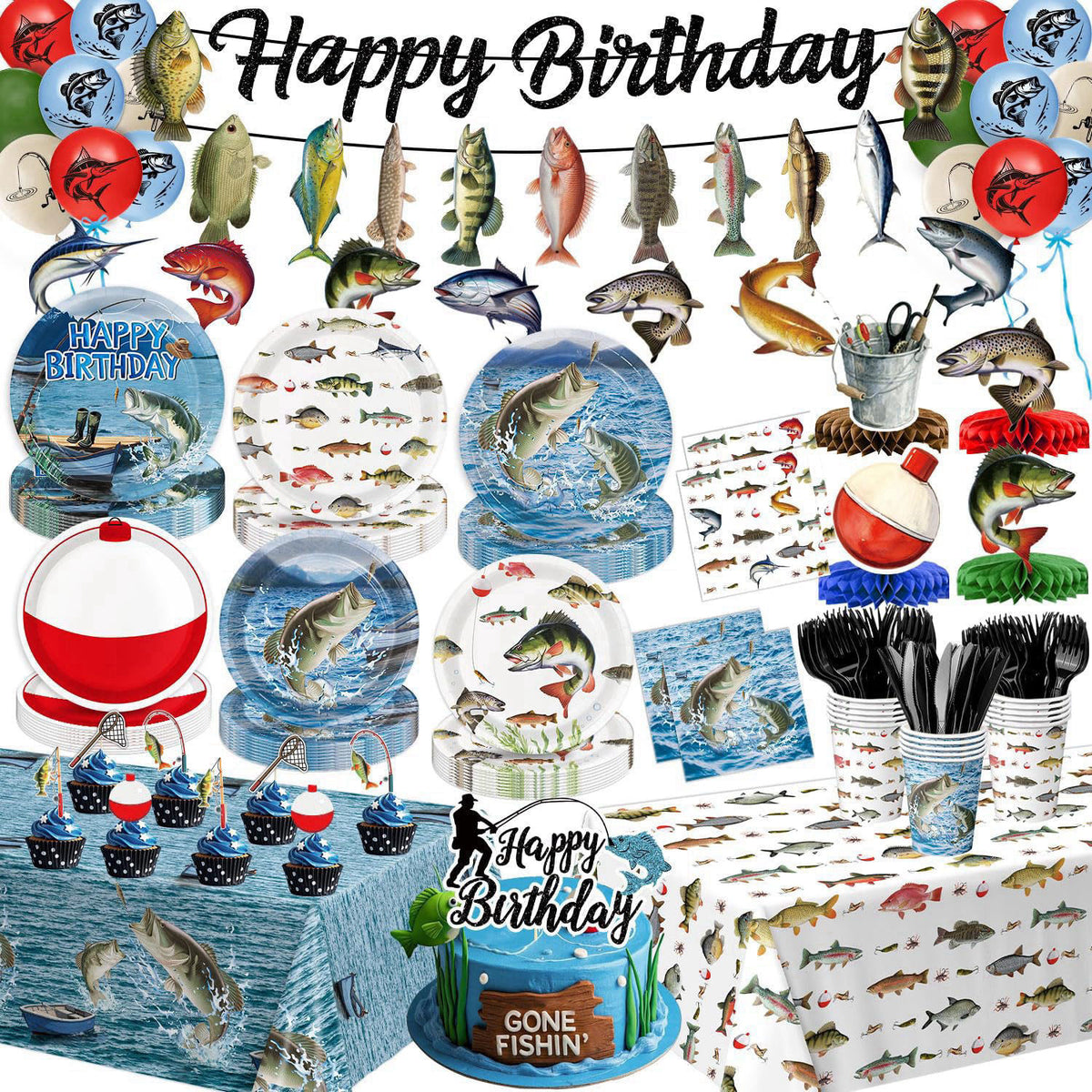 QIYANPAX Fishing Birthday Party Decorations - Plates, Napkins, Cups, Cutlery, Honeycomb Centerpieces, Banner, Hanging Sw