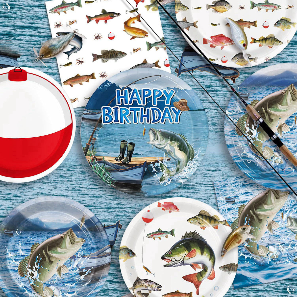 QIYANPAX Fishing Birthday Party Decorations - Plates, Napkins, Cups, Cutlery, Honeycomb Centerpieces, Banner, Hanging Sw