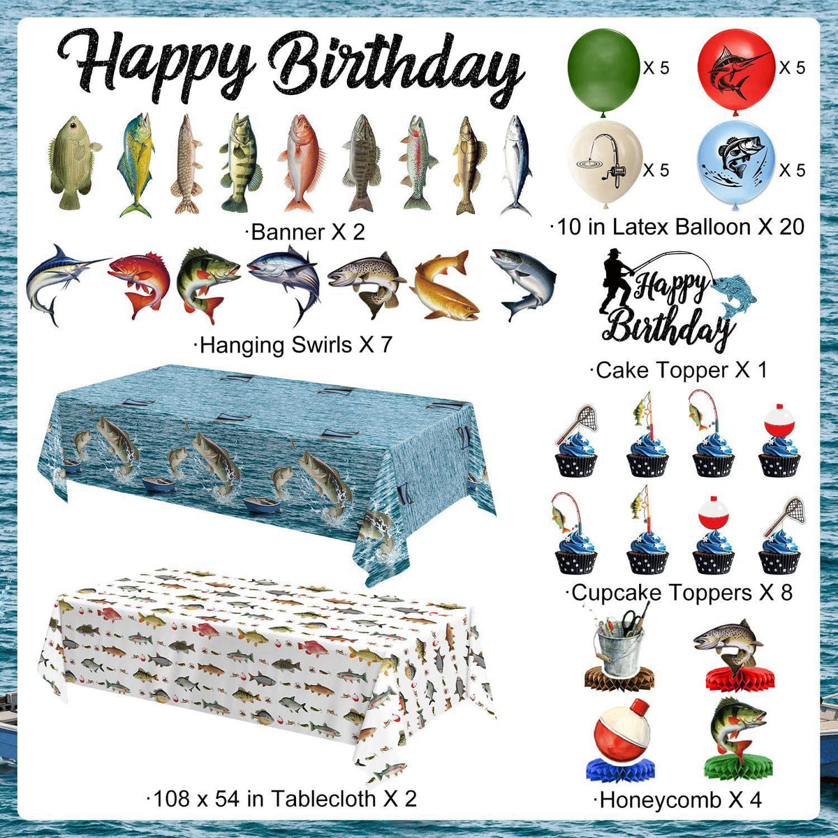 QIYANPAX Fishing Birthday Party Decorations - Plates, Napkins, Cups, Cutlery, Honeycomb Centerpieces, Banner, Hanging Sw