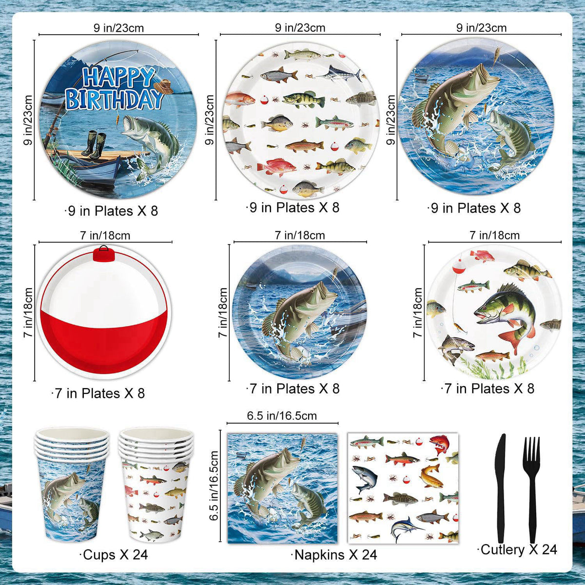 QIYANPAX Fishing Birthday Party Decorations - Plates, Napkins, Cups, Cutlery, Honeycomb Centerpieces, Banner, Hanging Sw