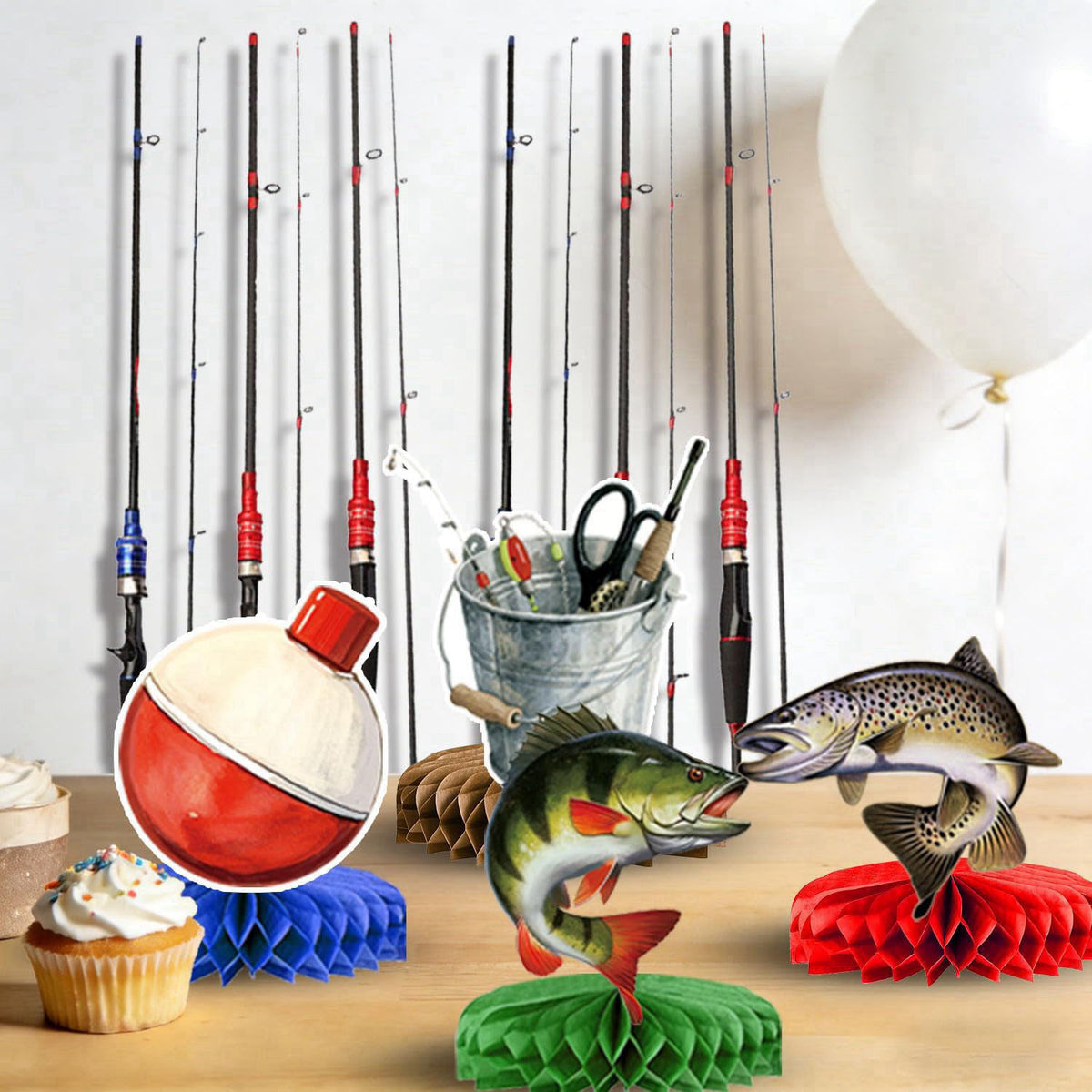 QIYANPAX Fishing Birthday Party Decorations - Plates, Napkins, Cups, Cutlery, Honeycomb Centerpieces, Banner, Hanging Sw
