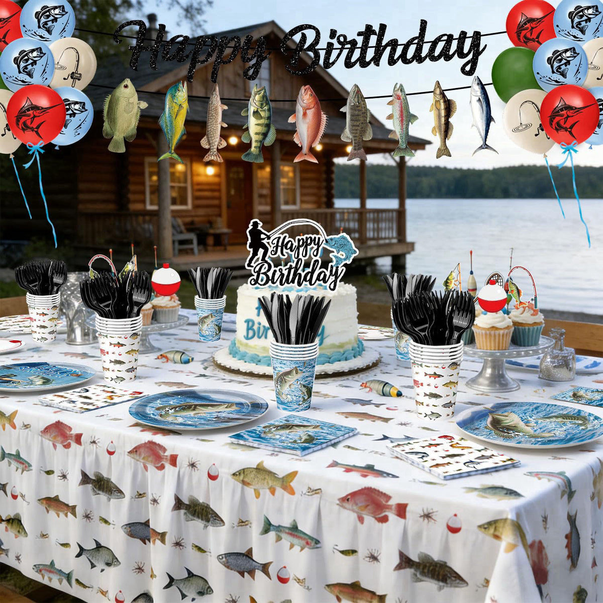 QIYANPAX Fishing Birthday Party Decorations - Plates, Napkins, Cups, Cutlery, Honeycomb Centerpieces, Banner, Hanging Sw