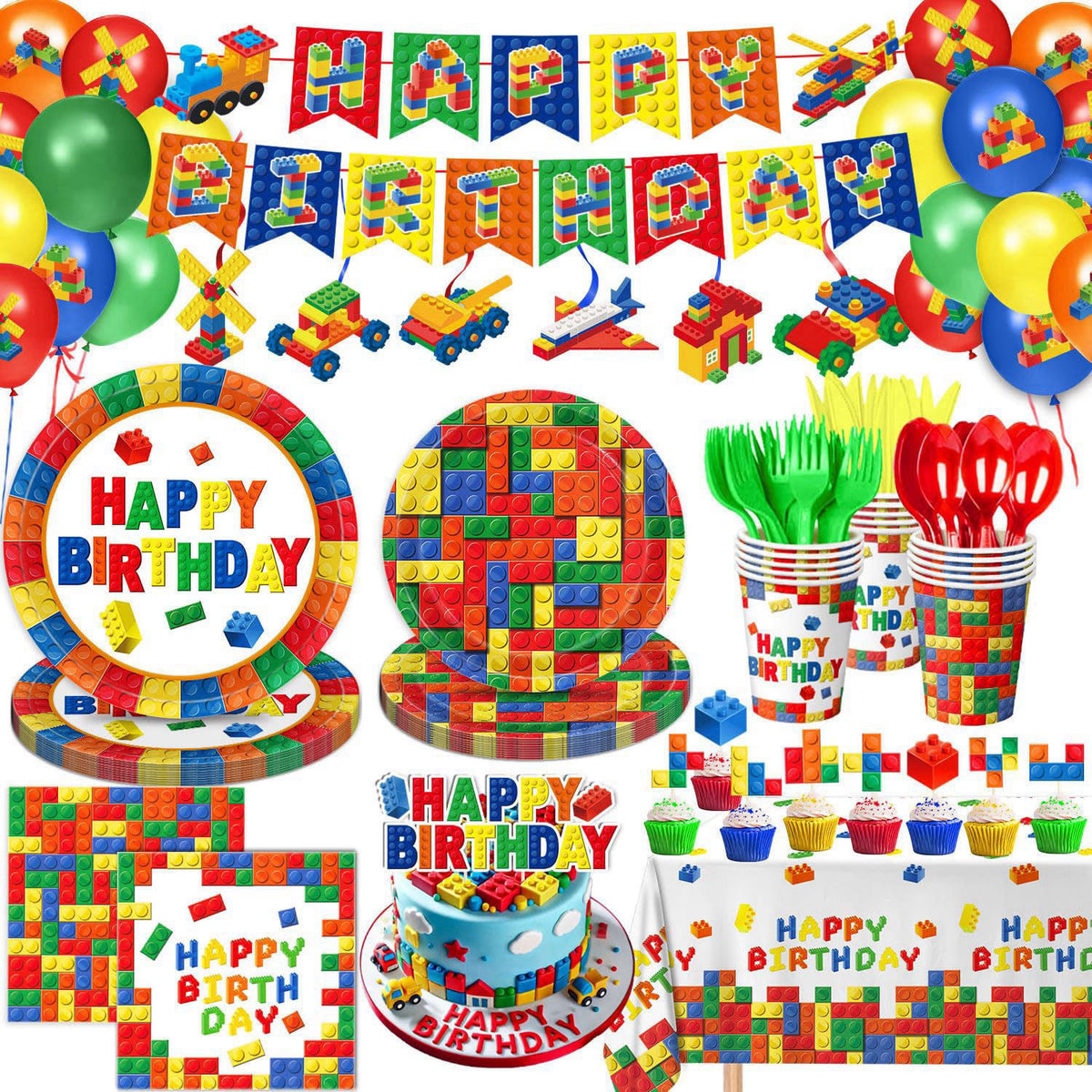 QIYANPAX 173 PCS Building Block Birthday Party Decorations - Plates, Napkins, Cups, Cutlery, Cake & Cupcake Toppers, Ban