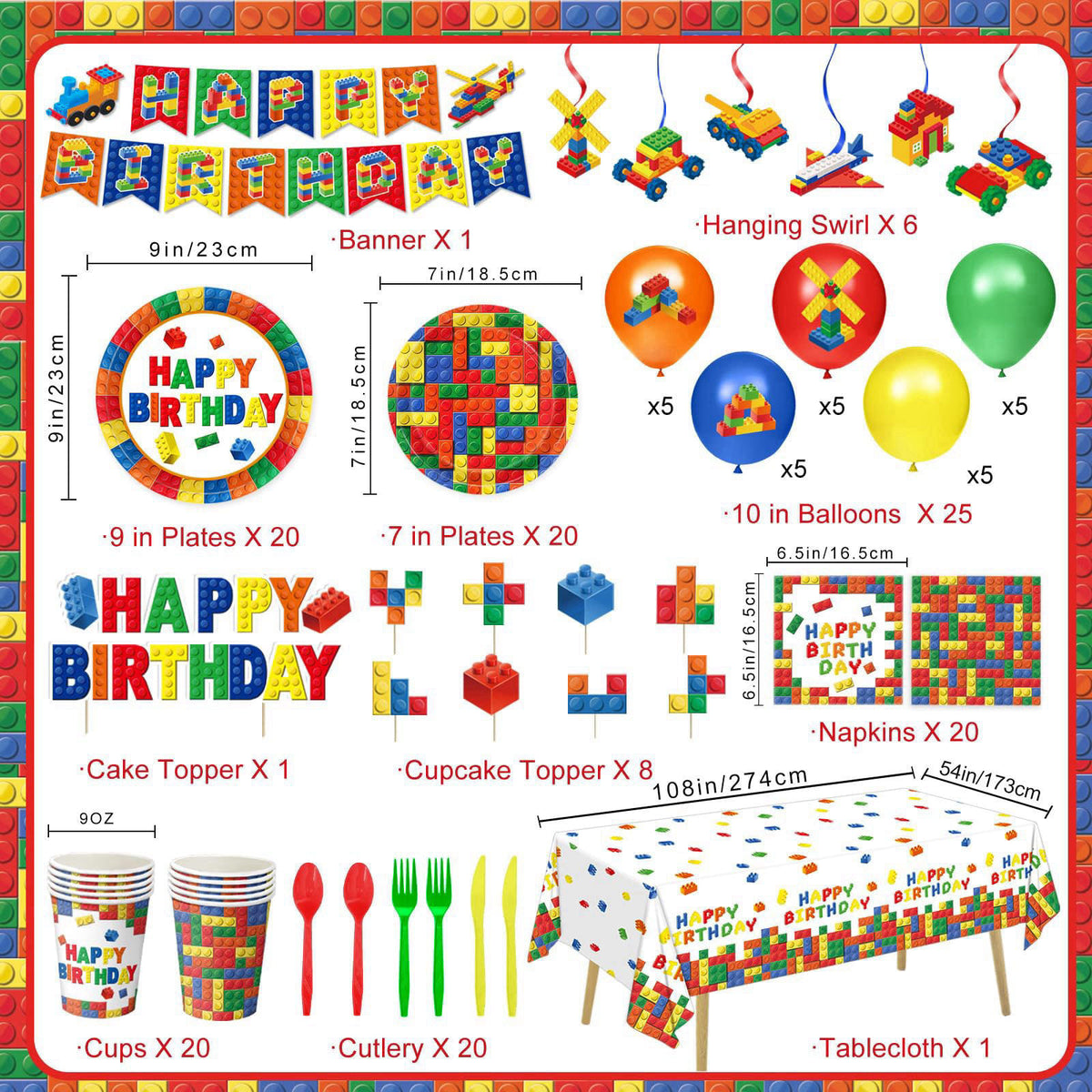 QIYANPAX 173 PCS Building Block Birthday Party Decorations - Plates, Napkins, Cups, Cutlery, Cake & Cupcake Toppers, Ban