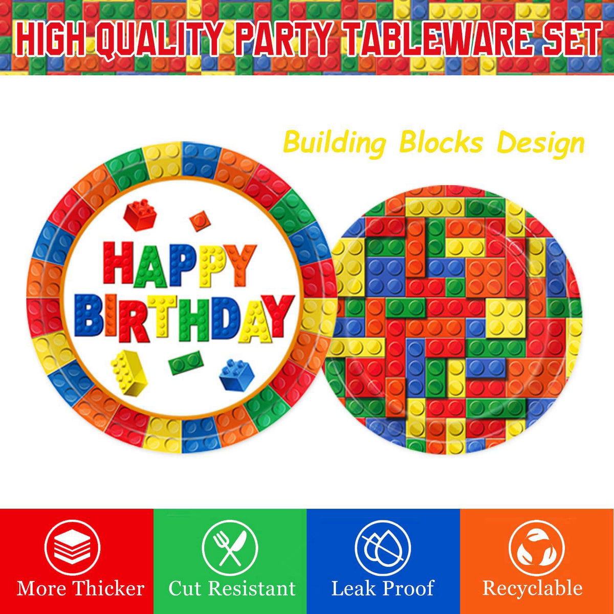 QIYANPAX 173 PCS Building Block Birthday Party Decorations - Plates, Napkins, Cups, Cutlery, Cake & Cupcake Toppers, Ban
