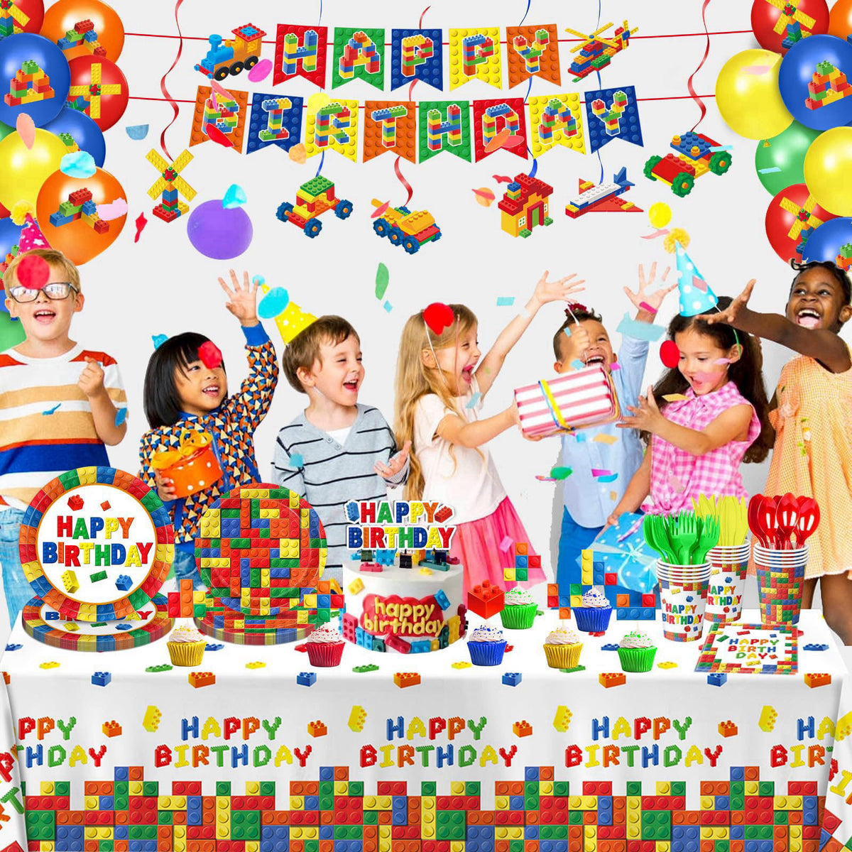 QIYANPAX 173 PCS Building Block Birthday Party Decorations - Plates, Napkins, Cups, Cutlery, Cake & Cupcake Toppers, Ban